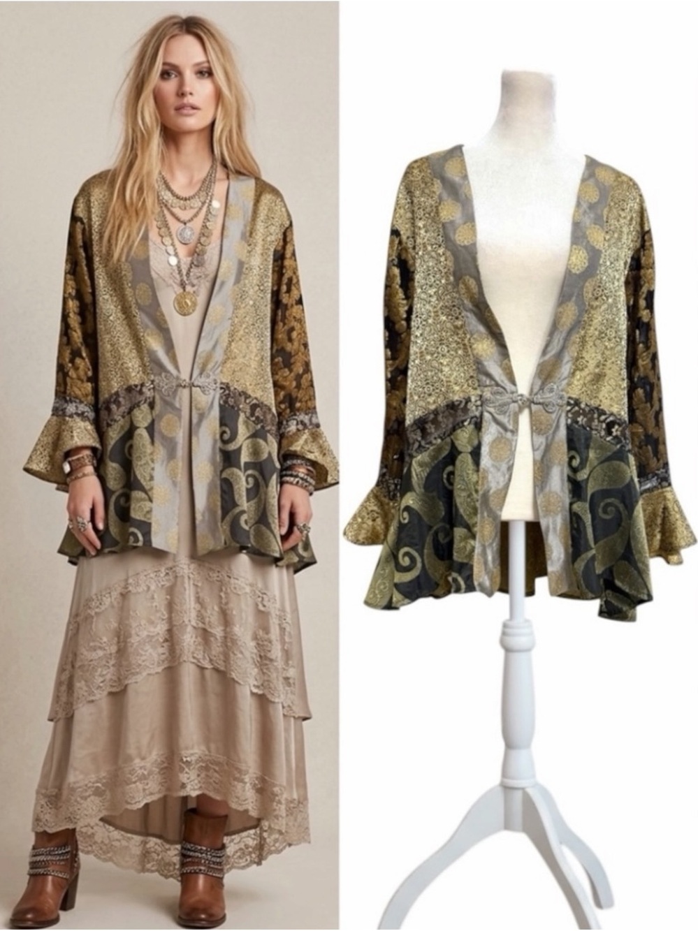 Vintage 90s Sterling Styles Patchwork Artsilk Kimono Jacket Gold Black O/S Boho